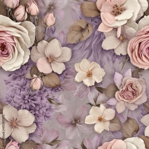 Seamless texture of vintage flowers in lavender, light pink, and beige tones.