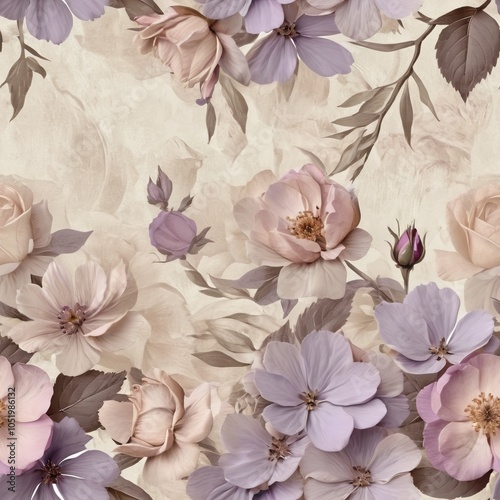 Seamless texture of vintage flowers in lavender, light pink, and beige tones.