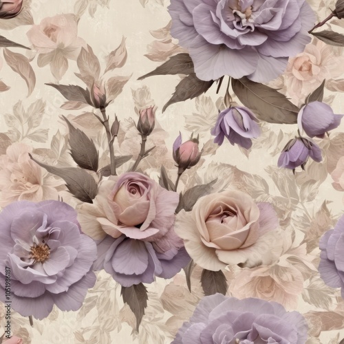 Seamless texture of vintage flowers in lavender, light pink, and beige tones.