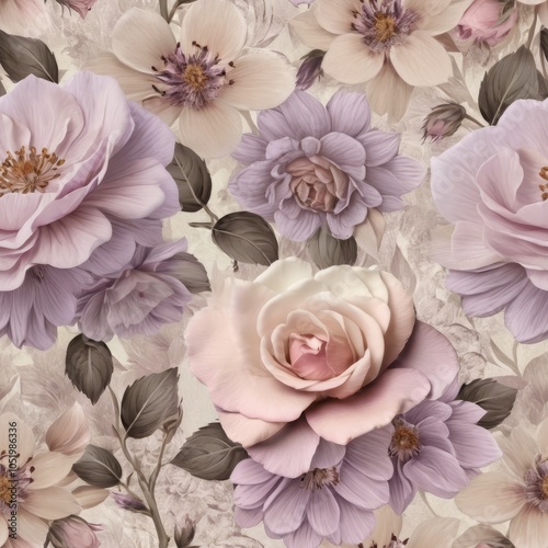 Seamless texture of vintage flowers in lavender, light pink, and beige tones.