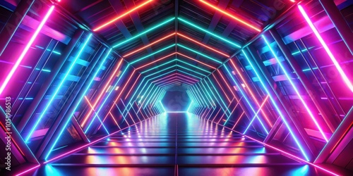 Neon Geometric Tunnel with Glowing Lights Creating Mesmerizing Depth and Color