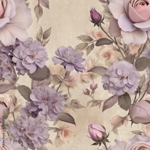 Seamless texture of vintage flowers in lavender, light pink, and beige tones.