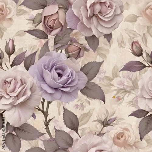 Seamless texture of vintage flowers in lavender, light pink, and beige tones.