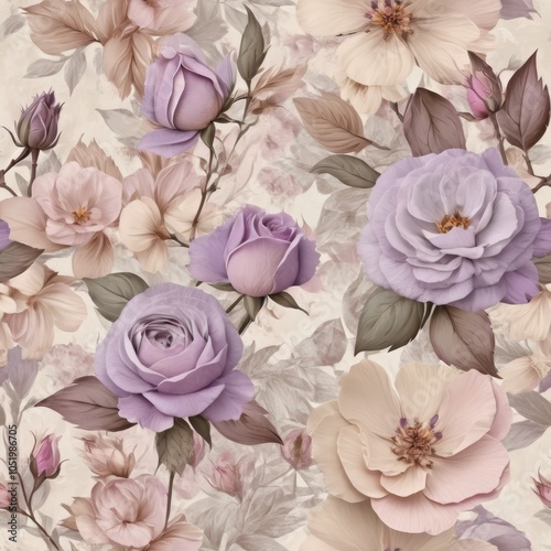 Seamless texture of vintage flowers in lavender, light pink, and beige tones.