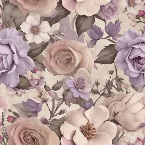Seamless texture of vintage flowers in lavender, light pink, and beige tones.