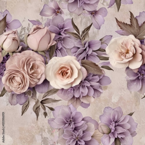 Seamless texture of vintage flowers in lavender, light pink, and beige tones.