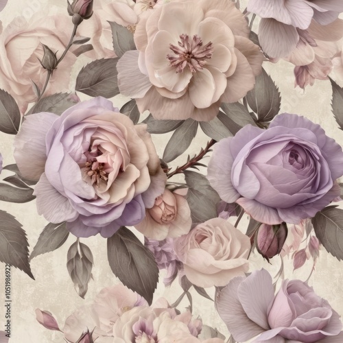 Seamless texture of vintage flowers in lavender, light pink, and beige tones.