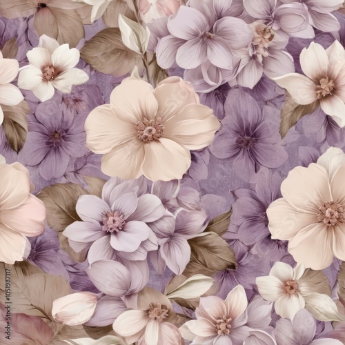 Seamless texture of vintage flowers in lavender, light pink, and beige tones.
