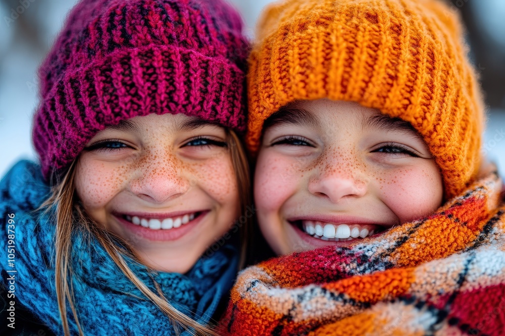 Two cheerful children wear colorful hats and scarves while snow falls around them, capturing a joyful winter moment and conveying warmth and friendship. Two cheerful children wear colorful hats and scarves while snow falls around them, capturing a joyful winter moment and conveying warmth and friendship.