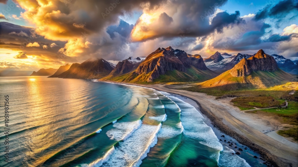 Naklejka premium Panorama nordic summer sunrise on beach, peaceful green season, amazing nature seascape with ocean, mountains and dramatic sky Senja, Troms, Norway, Europe