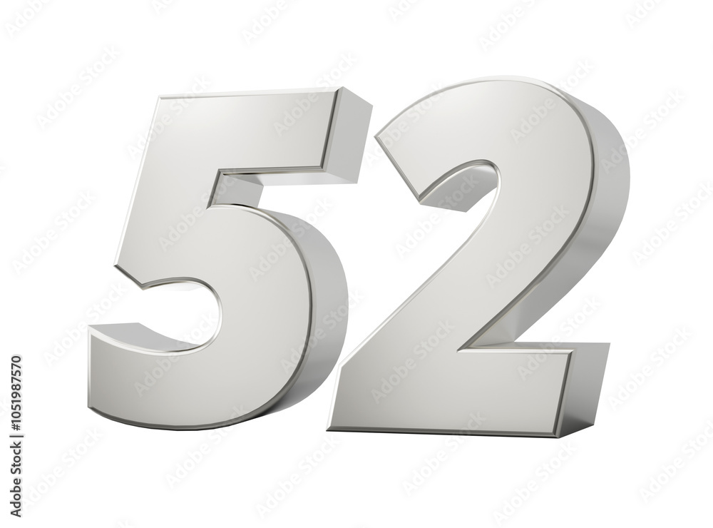 Silver 3d numbers 52 Fifty two. Isolated white background 3d illustration
Silver 3d numbers 52 Fifty two. Isolated white background 3d illustration