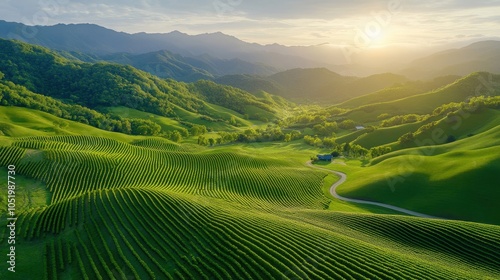 Aerial view of lush coffee plantation, layered green hills, sunlight
