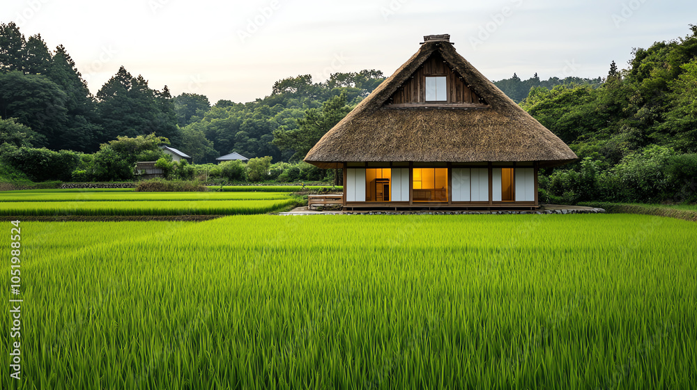Traditional thatched roof house surrounded by lush green rice fields. Traditional thatched roof house surrounded by lush green rice fields.
