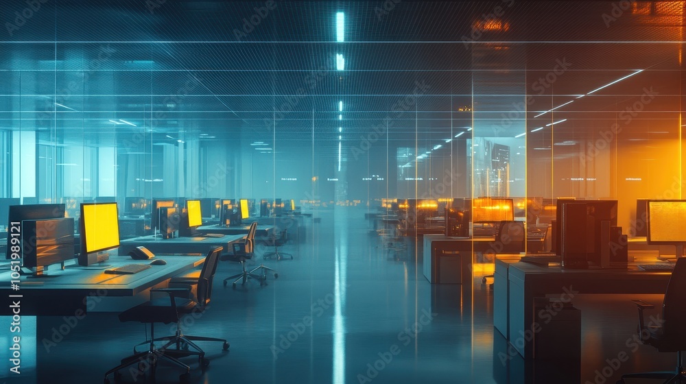 Corporate office space captured a soft blur with overhead lighting reflecting off modern desks creating a futuristic yet minimal work environment Corporate office space captured a soft blur with overhead lighting reflecting off modern desks creating a futuristic yet minimal work environment