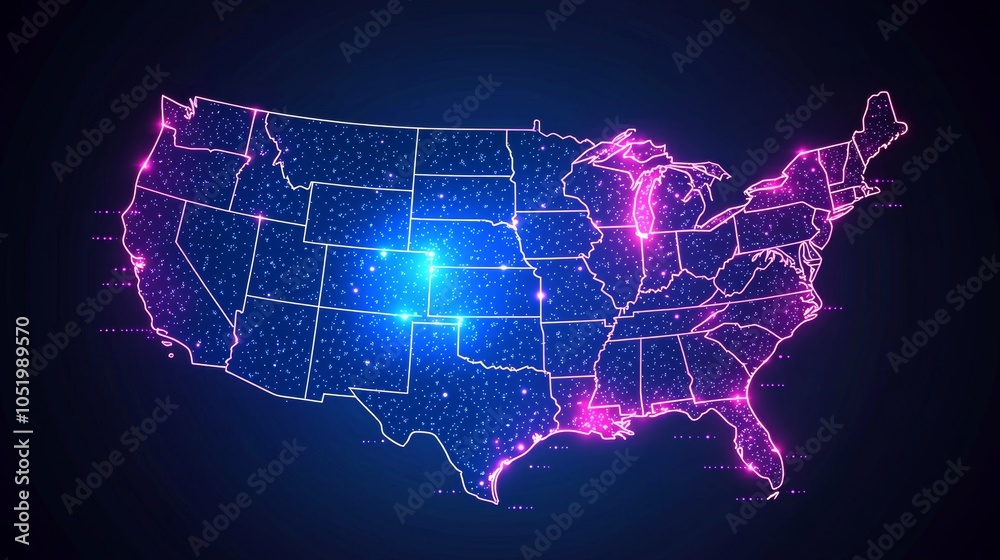 An outline of the United States maps in neon, representing energy and connectivity across the country An outline of the United States maps in neon, representing energy and connectivity across the country