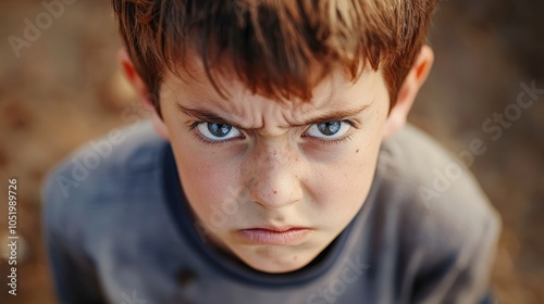 Portrait of an upset boy expressing anger showcasing child aggression with a close up view of his face directed at the camera photo