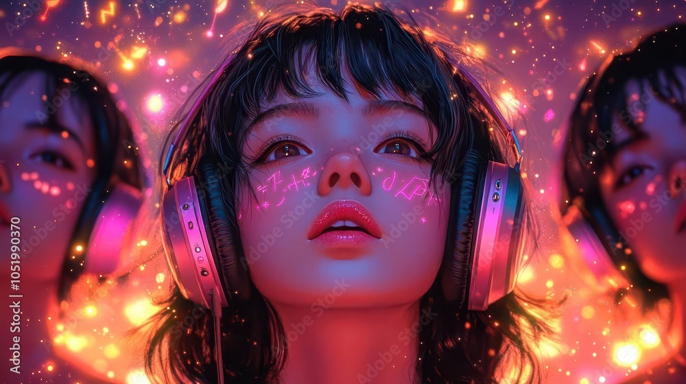 anime girl absorbed in lofi hip hop music, immersed in a dreamy world with vibrant colors, adorned with oversized headphones and a whimsical background of floating musical notes and stars