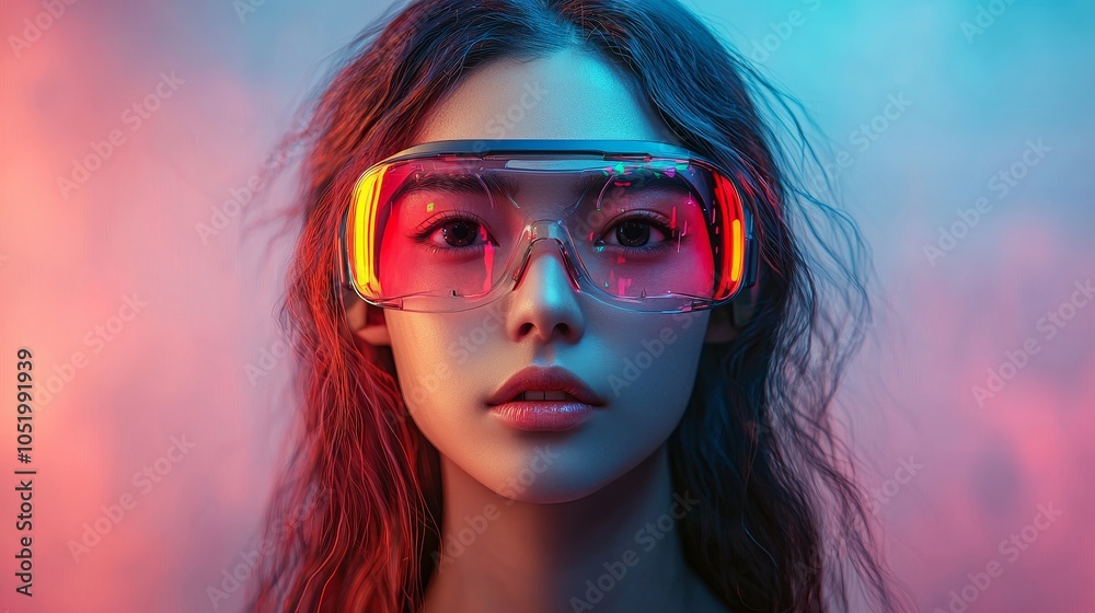 Obraz premium Virtual reality glasses with neon lights worn by a person