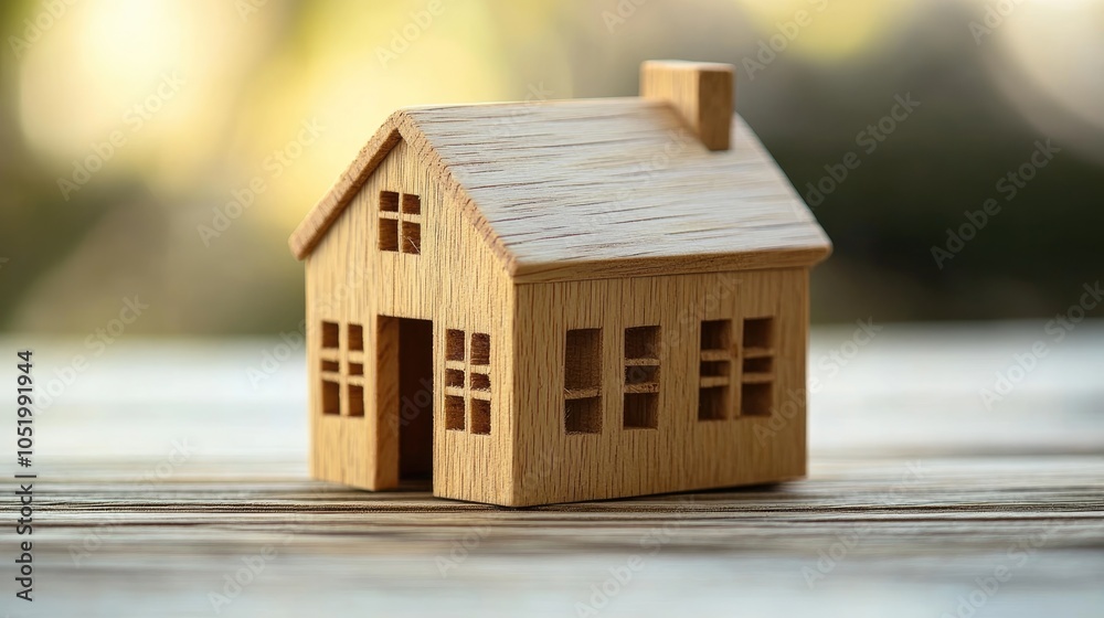 Wooden toy house displayed on a wooden surface Wooden toy house displayed on a wooden surface