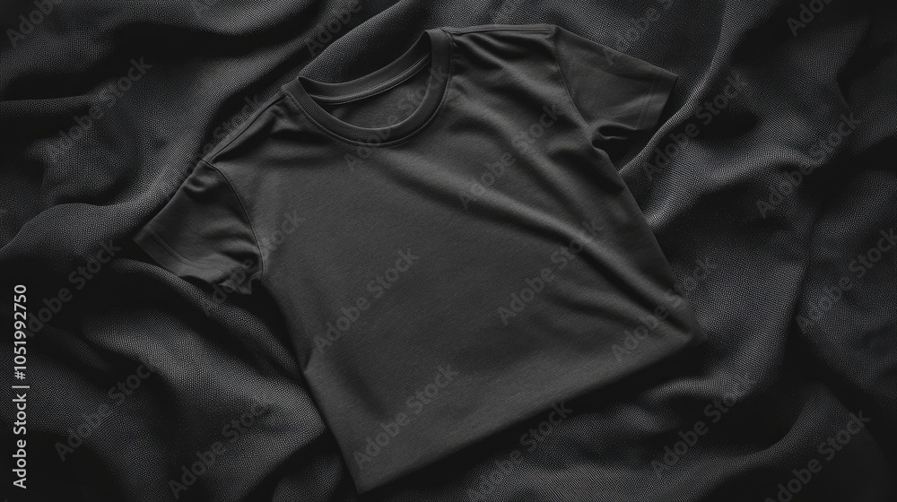 Fototapeta premium Black T-Shirt Mockup on Wrinkled Fabric Background - Minimalist Style