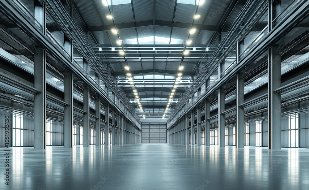 Obraz premium Spacious, empty industrial warehouse interior with high ceilings and bright overhead lights.