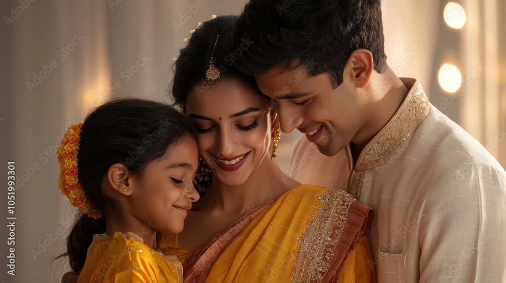 Obraz premium joyful family moment captured during festive celebration, showcasing woman, man, and girl in traditional Indian attire. Their smiles reflect love and happiness