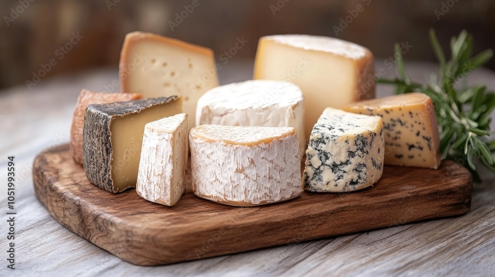 A wooden tray displays an assortment of cheeses ideal for promotional imagery A wooden tray displays an assortment of cheeses ideal for promotional imagery