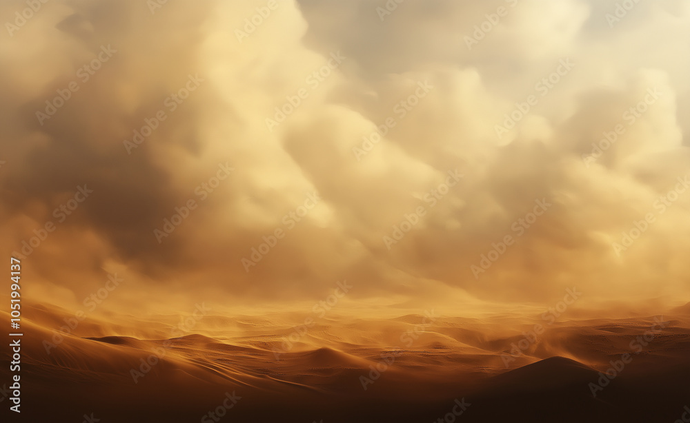 Fototapeta premium Massive sandstorm moving across a desert under a cloudy sky, capturing the power of nature.