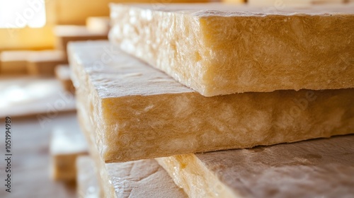 Close up image of glass mineral wool insulation packs in a building environment showcasing construction materials used for insulation