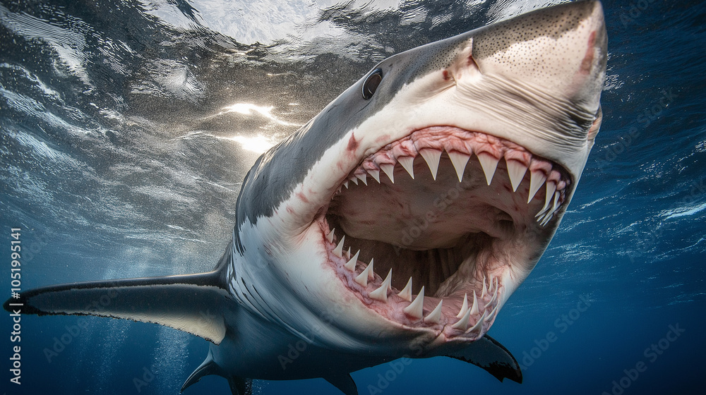 Obraz premium Great white shark underwater with mouth open, displaying sharp teeth in a dramatic close-up.