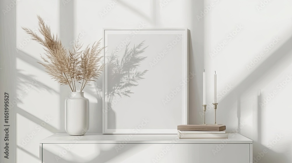 Bright and sunny living room space with a modern white commode, mock-up poster frame, vase with dried flowers, candlestick, books, and elegant personal accessories Bright and sunny living room space with a modern white commode, mock-up poster frame, vase with dried flowers, candlestick, books, and elegant personal accessories