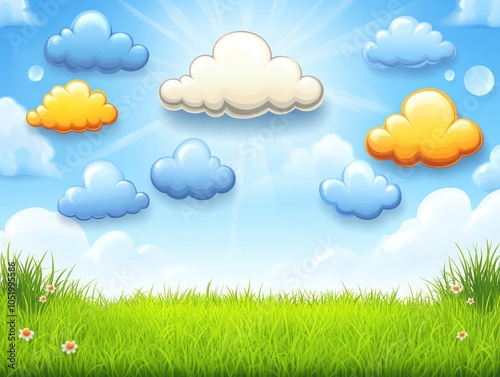 A bright, cheerful landscape with colorful clouds and green grass under a sunny sky.