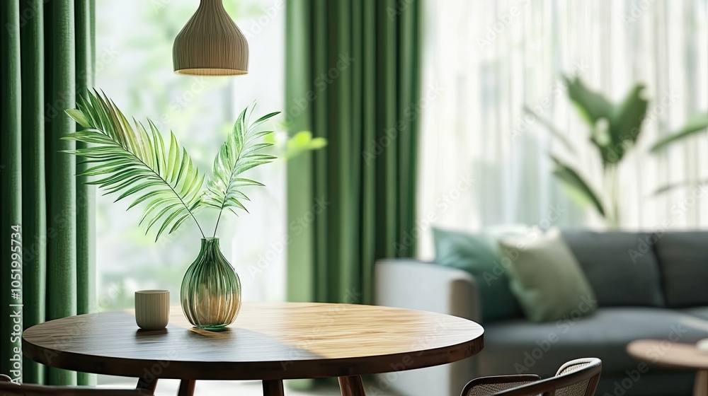 Fototapeta premium Bright living room interior with wooden round table, stylish chairs, green curtain, gray sofa, hanging lamp, floor panels, vase with leaves, and personal accessories. Home decor template