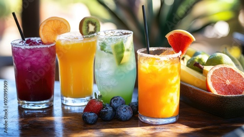 A table featuring an array of four vibrant beverages alongside a colorful bowl of assorted fruit