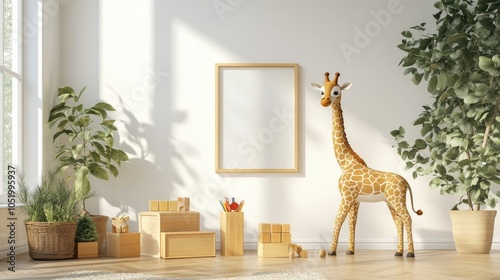 Child's room with a mock-up photo frame, plush giraffe, wooden toys, boxes, blocks, wall decorations, and bright sunny interior
