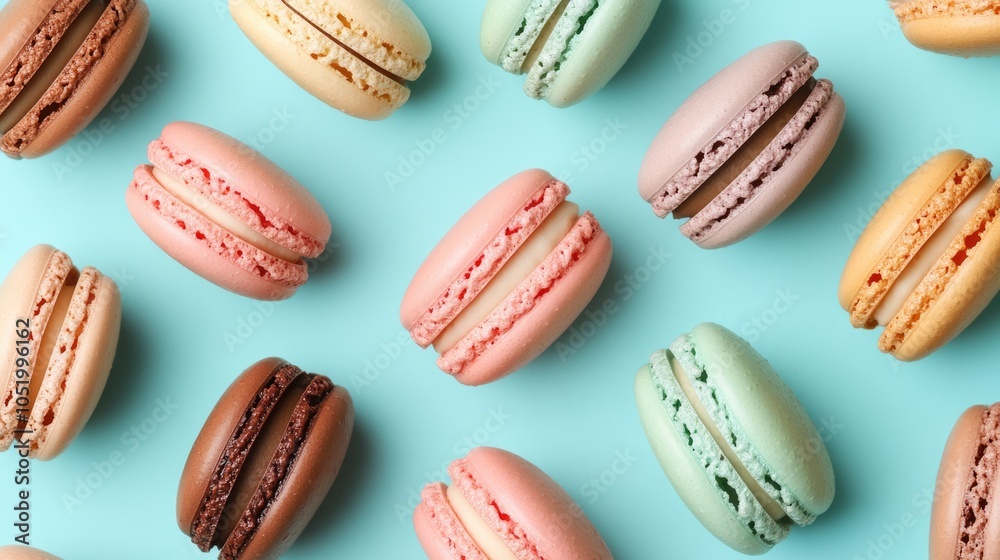 Colorful almond macarons on a turquoise background viewed from above featuring pastel shades and a vintage card design Colorful almond macarons on a turquoise background viewed from above featuring pastel shades and a vintage card design