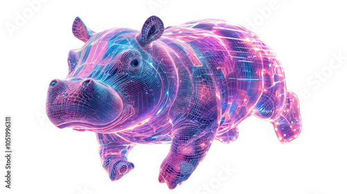 Futuristic neon digital hippo with holographic and wireframe effects, isolated on transparent background
