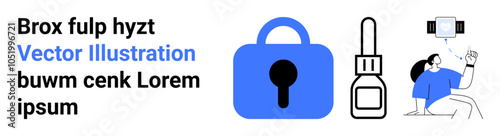 A large blue padlock, a key, and a person using a selfie stick. Ideal for security, technology, tools, photography, and personal safety. Banner for landing page