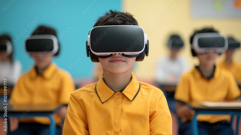 A child wearing a virtual reality headset sits in a classroom, engaging in an innovative learning experience alongside others in the background. A child wearing a virtual reality headset sits in a classroom, engaging in an innovative learning experience alongside others in the background.