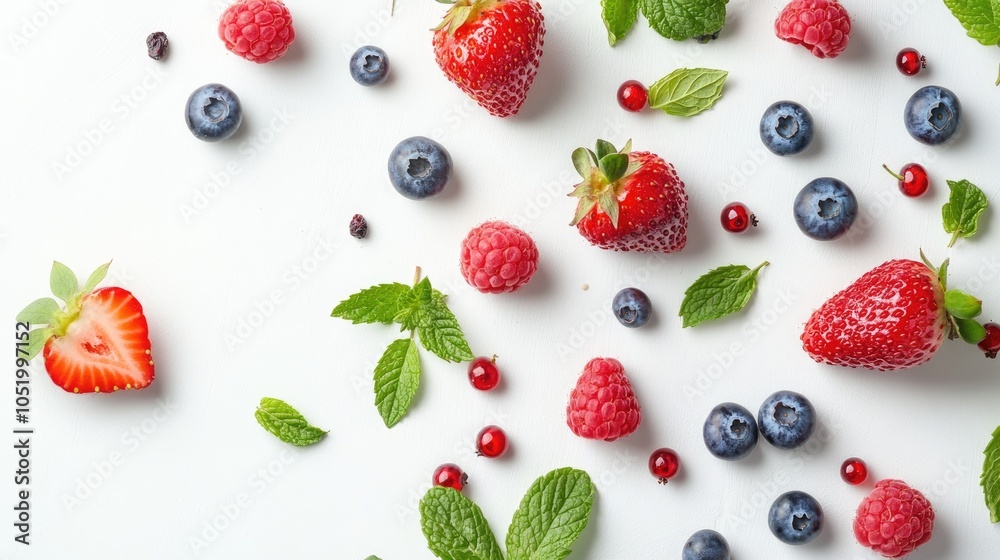 A white surface is adorned with an assortment of berries including red strawberries blueberries and raspberries complemented by fresh mint leaves A white surface is adorned with an assortment of berries including red strawberries blueberries and raspberries complemented by fresh mint leaves