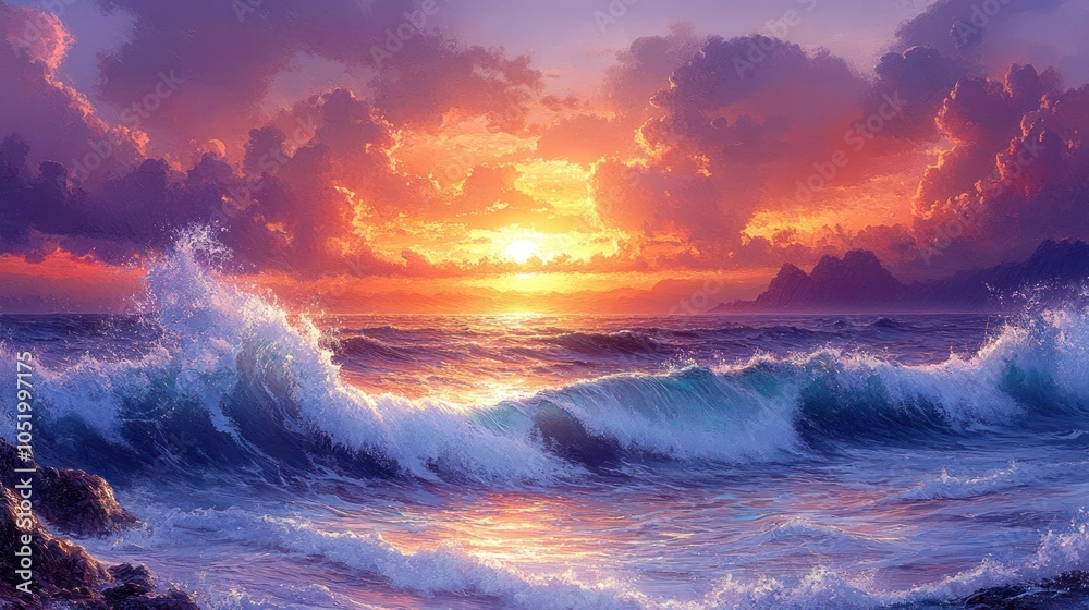 Dramatic Sunset Over a Rolling Ocean with Breaking Waves Dramatic Sunset Over a Rolling Ocean with Breaking Waves