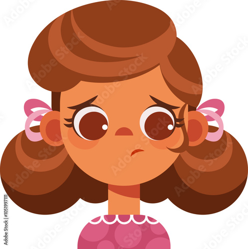 Cartoon children with different emotions. Emotion of a little girl. Child's face with cute curly hair emoji. Large head for set of emoticons stickers. Flat design illustration.