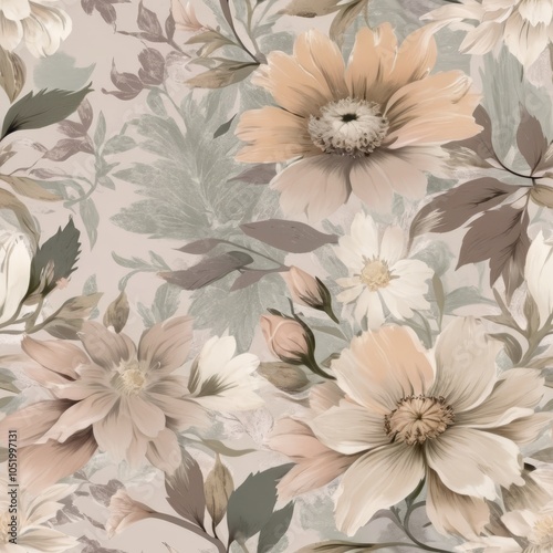 Seamless vintage floral design with faded flowers in soft, muted tones.