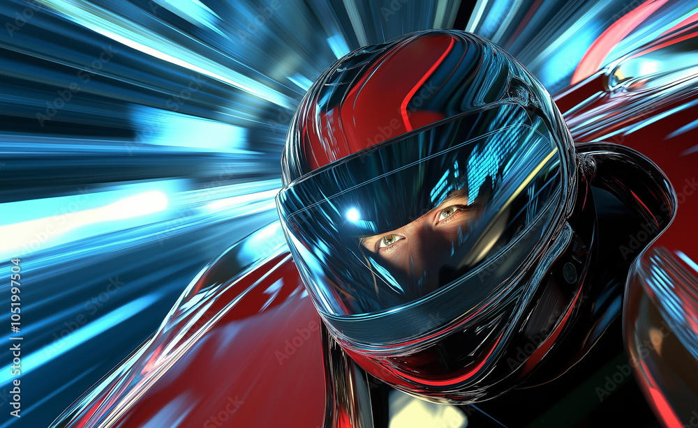 Close-up of a race car driver wearing a helmet, speeding with colorful motion blur around. Close-up of a race car driver wearing a helmet, speeding with colorful motion blur around.