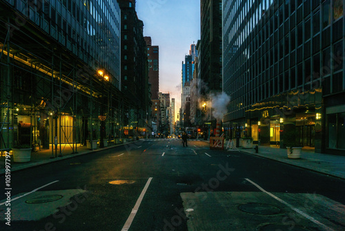 Early Morning Street Scene with Steam Vent in the New York City