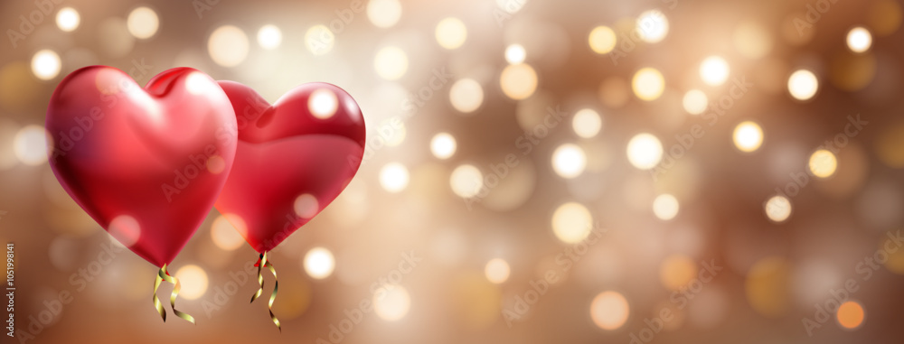 Festive Valentine's Day illustration with two big red heart shaped helium balloons on a blurred background in brown tones with bokeh effect.