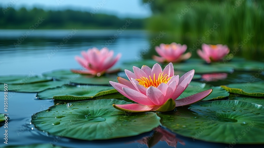 A serene pond scene featuring pink water lilies floating on green lily pads. A serene pond scene featuring pink water lilies floating on green lily pads.