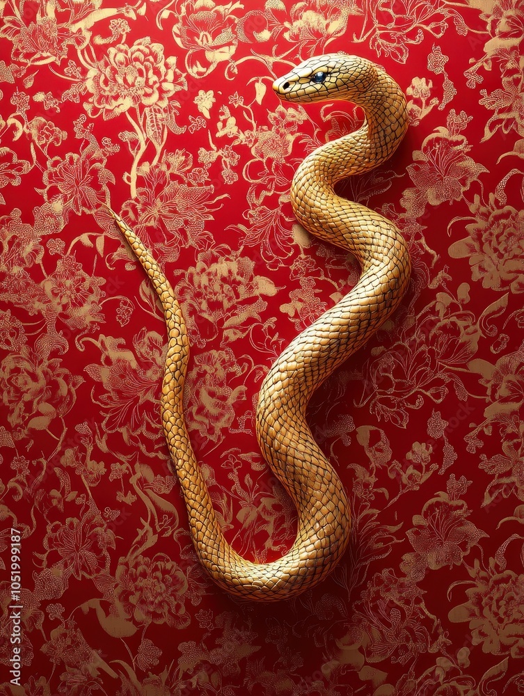 Fototapeta premium Golden Snake on Red Floral Background.