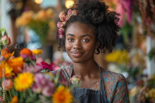 Smiling florist in a vibrant flower shop with colorful blooms. photo