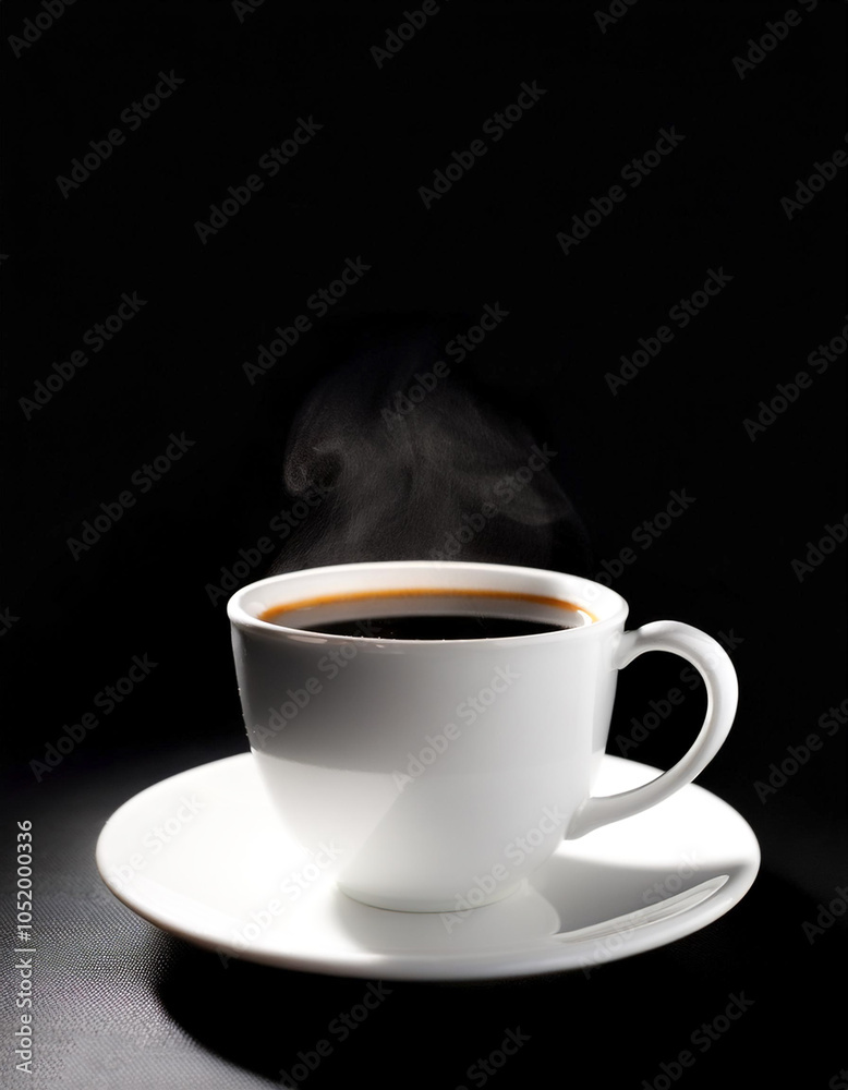 Hot black coffee in white ceramic cup on side position provides copy space for text. background concept isolated dark background Hot black coffee in white ceramic cup on side position provides copy space for text. background concept isolated dark background